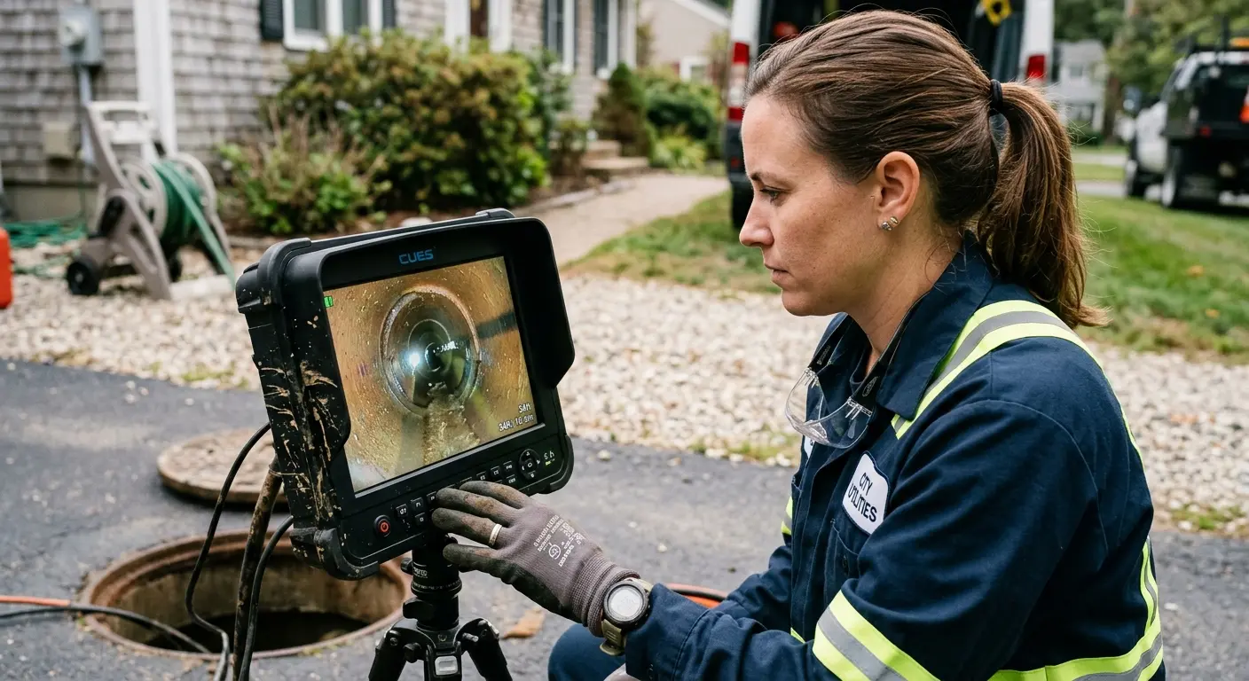 Technician reviewing sewer camera inspection footage in Beverly
