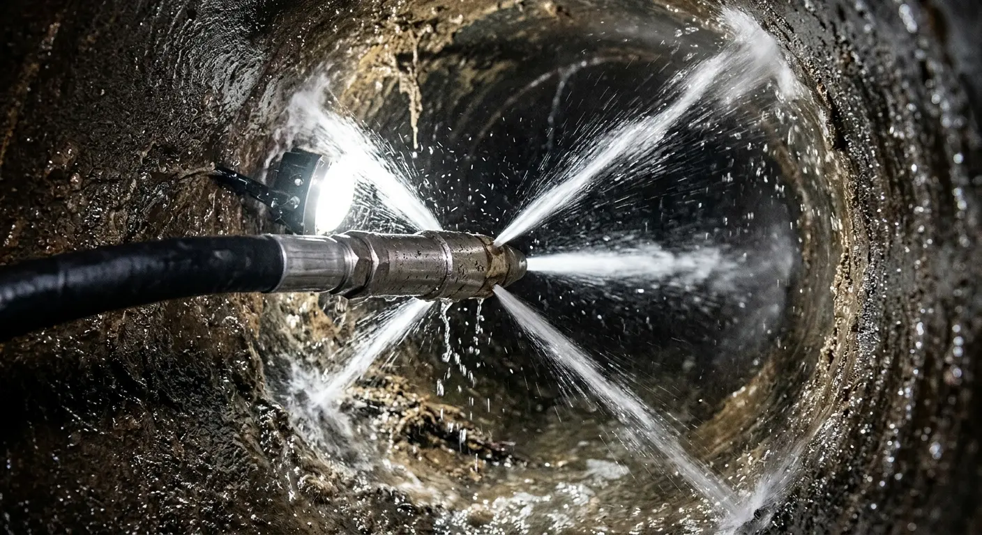 High-pressure hydro jetting nozzle cleaning sewer pipe for Trenchless Sewer Repair in Beverly