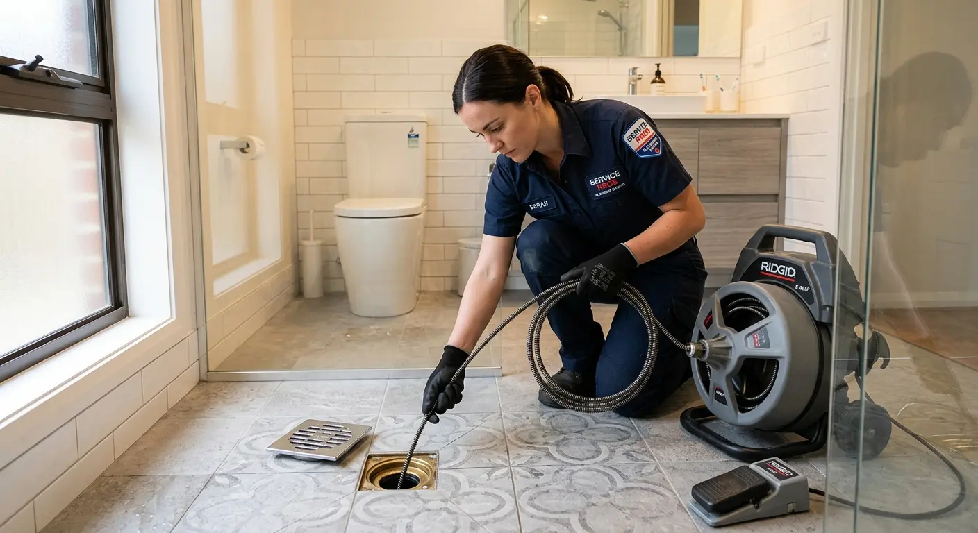 Technician clearing a bathroom floor drain for Hydro Jetting in Beverly